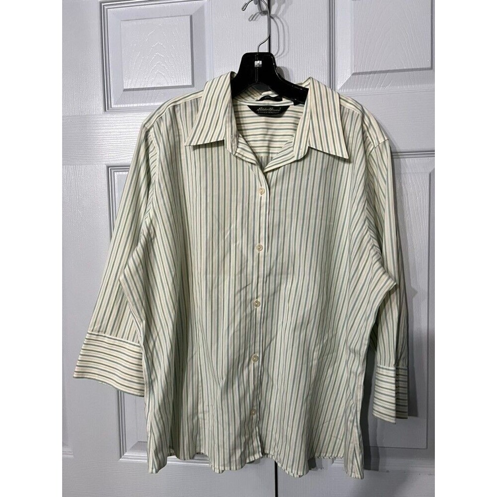 Eddie Bauer Women's Button Down Shirt XXL Stretch ‎ 3/4 Sleeve Preppy